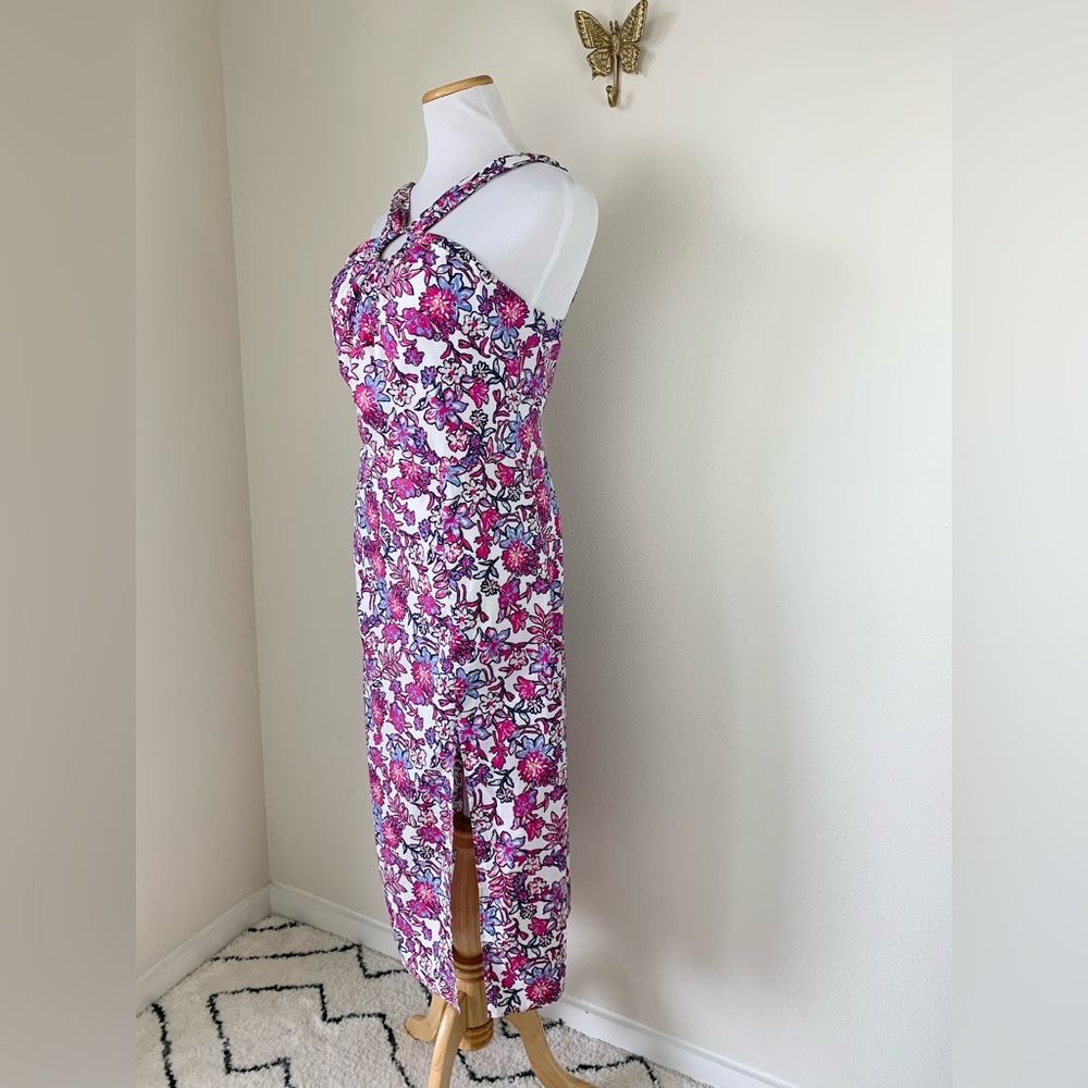 French Connection Fontini Cotton Ring-Halter Purple Floral Midi Dress - Picture 4 of 11
